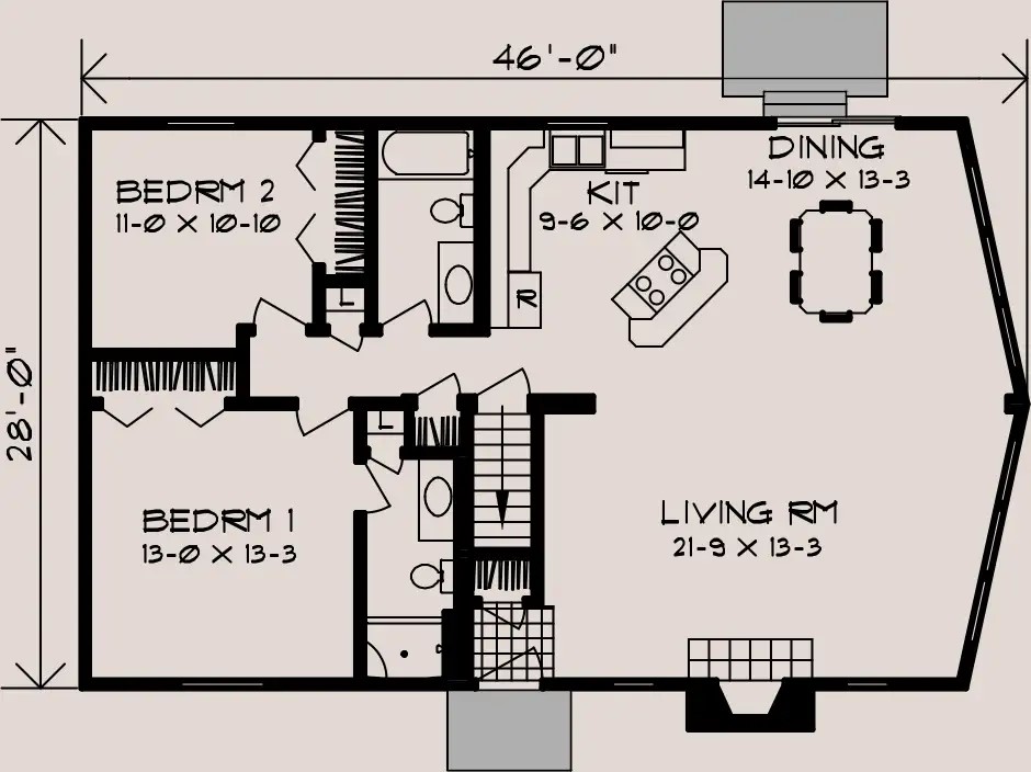 Ponderosa B floor plan, 46 feet by 28 feet
